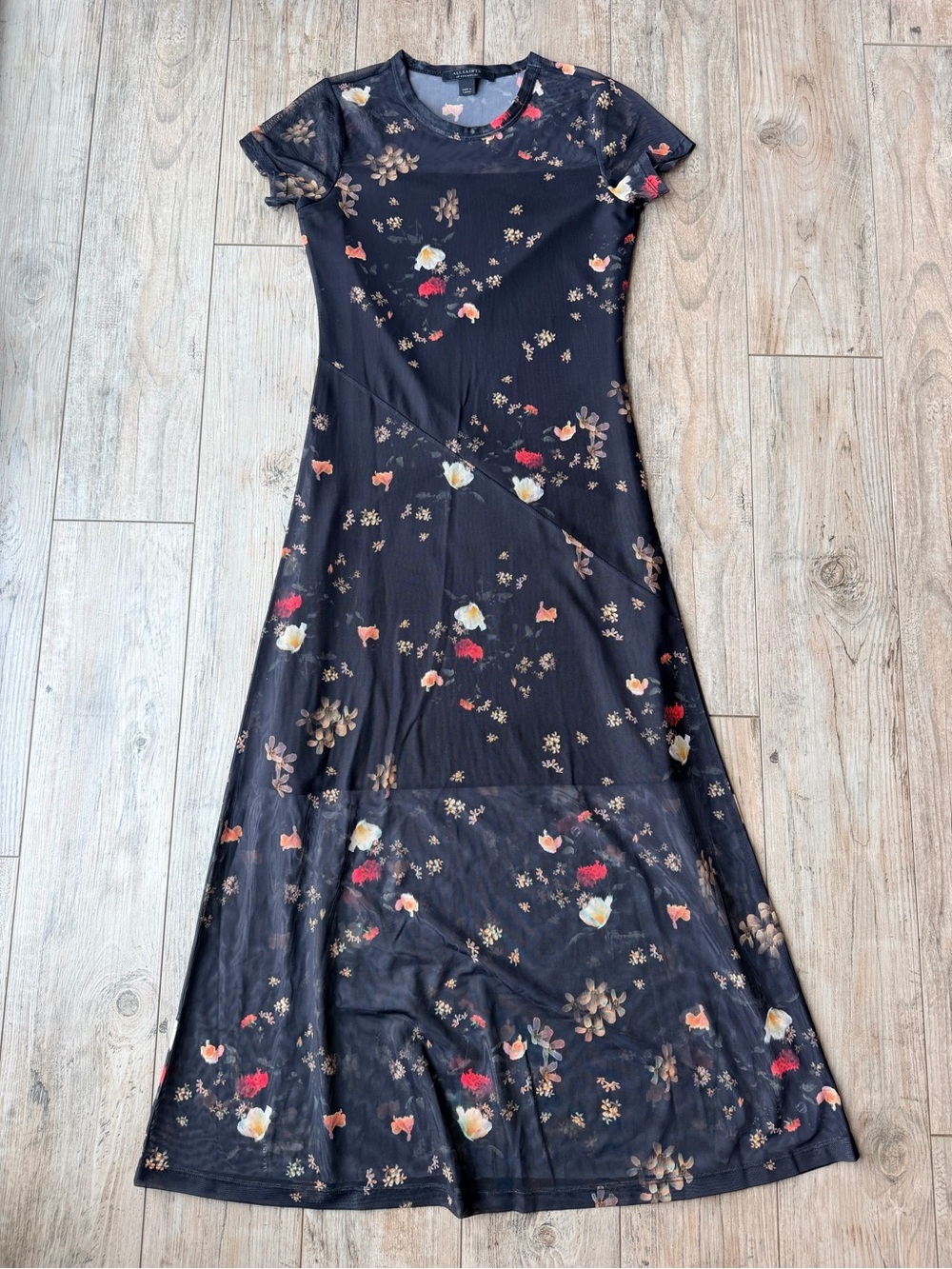 AllSaints Hanna Kora Floral Print Mesh Midi Dress Black US 4